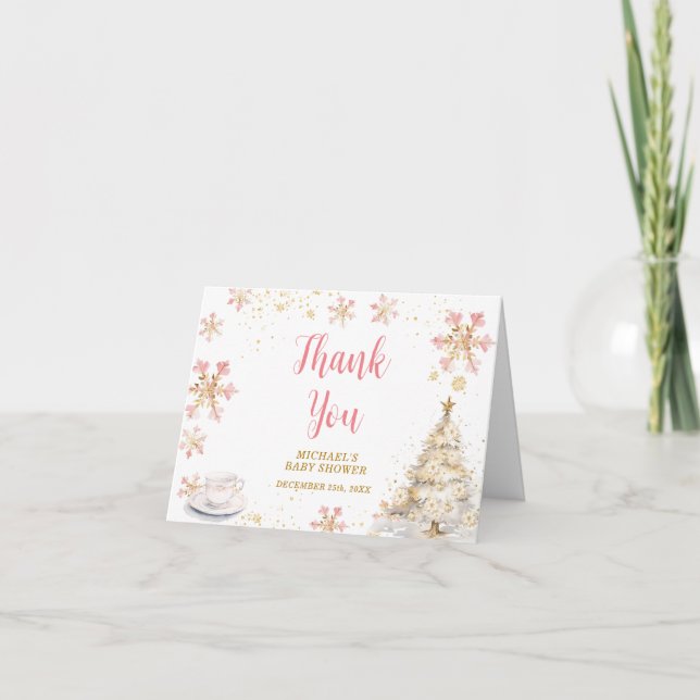 Carte De Remerciements Brewing Pink Winter Tea Party Baby Shower Folded (Devant)