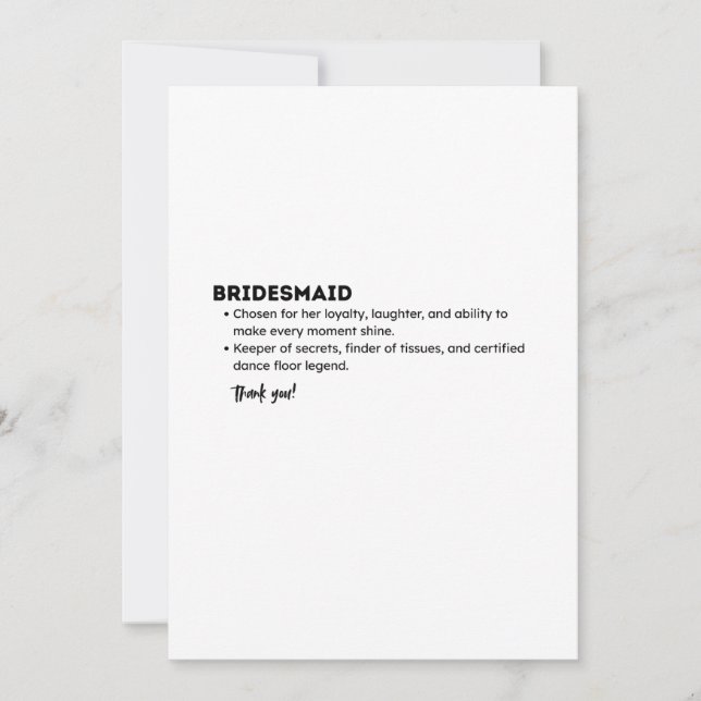 Carte De Remerciements Bridesmaid Definition Card – Funny & Heartfelt Bri (Devant)
