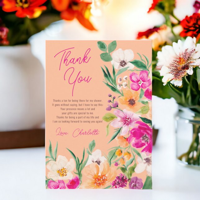 Carte De Remerciements Bright bold fleurs sauvages script douche de marié (Bright bold wild flowers script bridal shower thank you card)