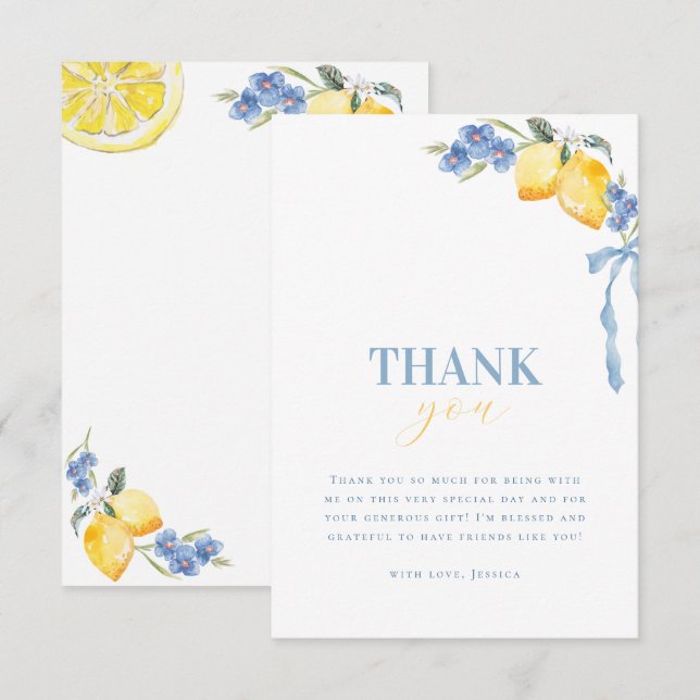 Carte De Remerciements Bright Italian Blue Bow Lemon Floral Bridal Shower (Devant / Derrière)