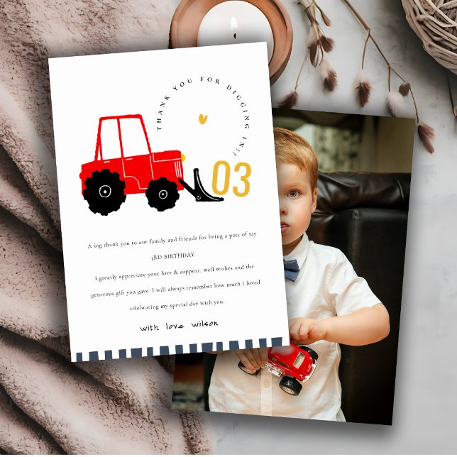 Carte De Remerciements Bright Red Yellow Digger Enfants Photo Anniversair (Créateur téléchargé)