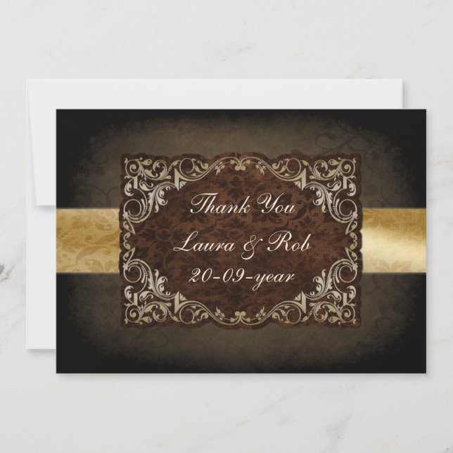 Carte De Remerciements Brown Ornemental Rustique Regal Et Mariage Or (Devant)
