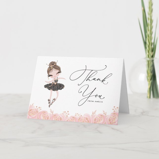 Carte De Remerciements Brunette Ballerina en Robe Noire Floral Anniversai (Devant)