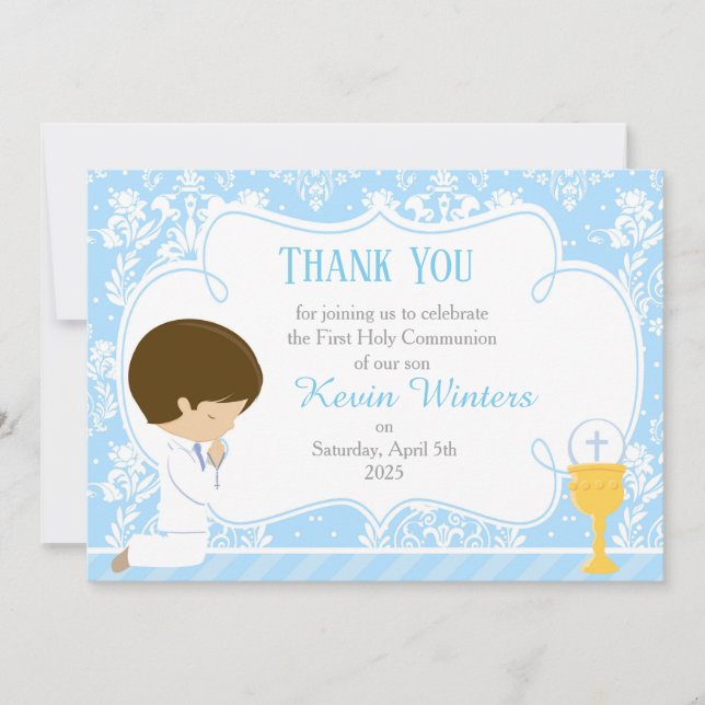 Carte De Remerciements Brunette Boy First Communion Damask (Devant)