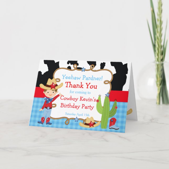 Carte De Remerciements Brunette Cowboy Fête d'anniversaire de l'Ouest (Devant)