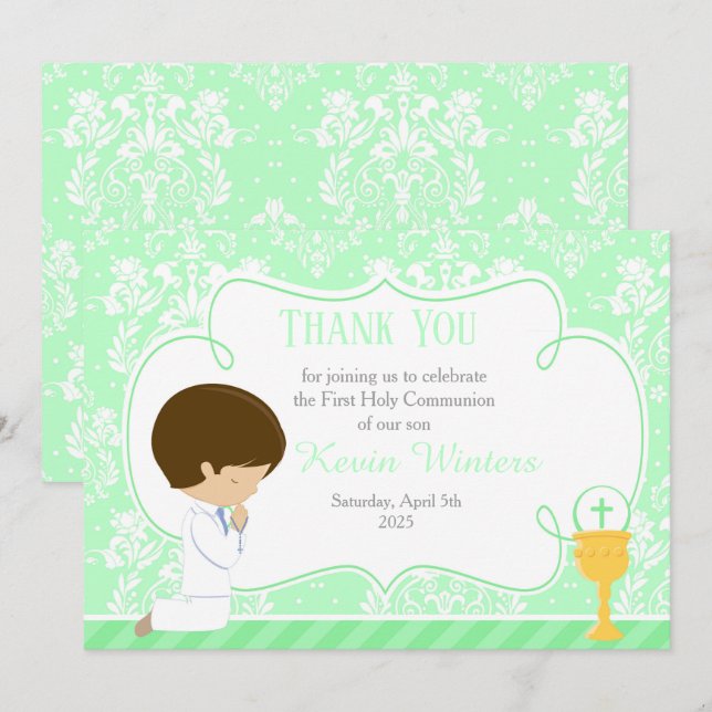 Carte De Remerciements Brunette garçon First Communion Damask (Devant / Derrière)