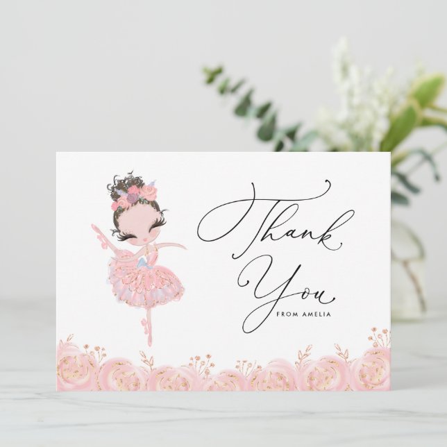 Carte De Remerciements Brunette Girl Ballerina en Robe Rose Anniversaire (Debout devant)