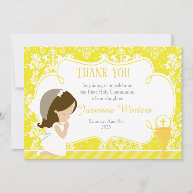 Carte De Remerciements Brunette Girl First Communion Damask (Devant)