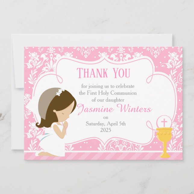 Carte De Remerciements Brunette Girl First Communion Damask (Devant)