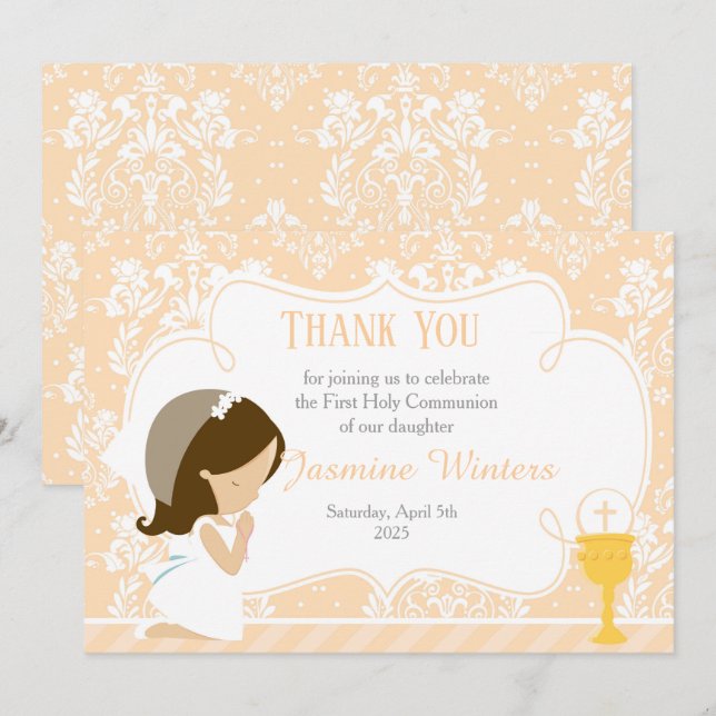 Carte De Remerciements Brunette Girl First Communion Damask (Devant / Derrière)