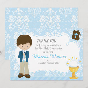 Carte De Remerciements Brunette Hair Boy First Communion Damask