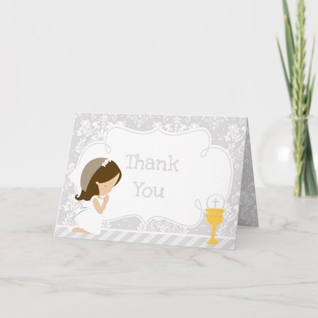 Carte De Remerciements Brunette Première Communion "Merci" (Devant)