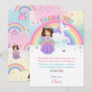 Carte De Remerciements Brunette Princess et Rainbow Unicorn Anniversaire