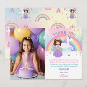 Carte De Remerciements Brunette Princess Rainbow Unicorn Photo Anniversai