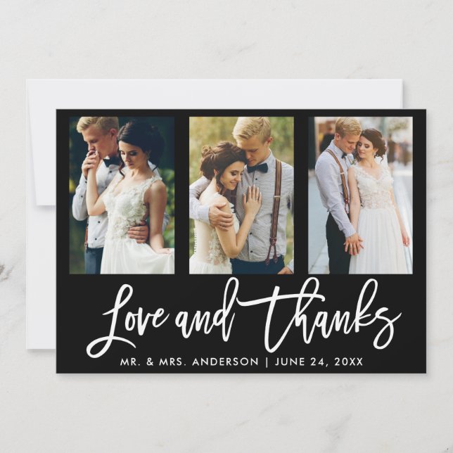 Carte De Remerciements Brush Script 3 Photo Mariage Love Thanks Blk (Devant)
