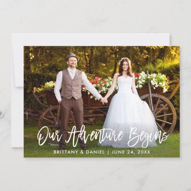 Carte De Remerciements Brush Script Notre aventure commence Mariage (Devant)