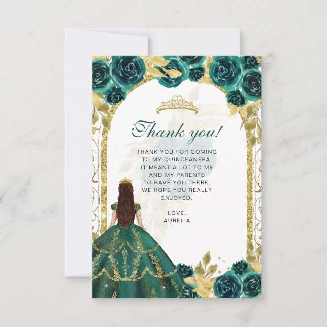 Carte De Remerciements Budget Élégant Emerald Floral Photo Quinceañera (Devant)