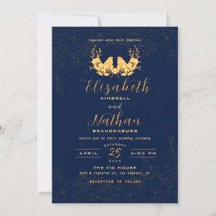 Carte De Remerciements Budget Elegant Gold Birds Marine bleu Mariage Invi