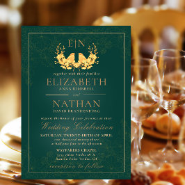 Carte De Remerciements Budget Elegant Green Gold Monogramme de mariage In