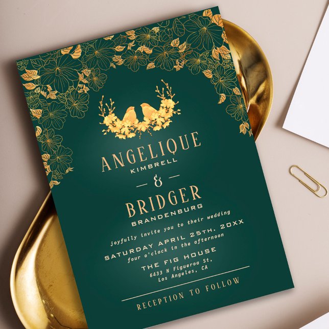 Carte De Remerciements Budget Green & Gold Birds Floral Wedding Invitatio (Créateur téléchargé)