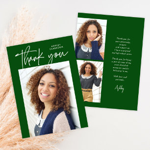 Carte De Remerciements Budget Vert Moderne Calligraphie Photo Graduation