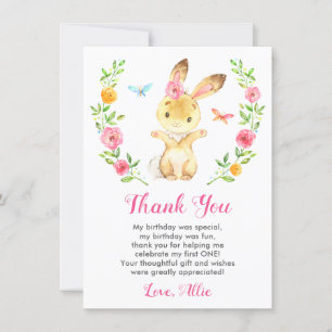 Carte De Remerciements Bunny Baby Girl Premier anniversaire fête Floral R