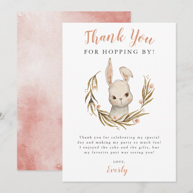 Carte De Remerciements Bunny Rabbit Fille fête d'anniversaire (Devant / Derrière)