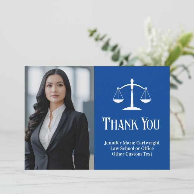 Carte De Remerciements Bureau de droit personnalisé Blue White Avocat pho (Debout devant)