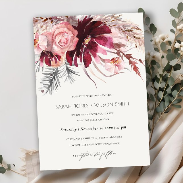 Carte De Remerciements Burgundy Blush Floral Pampas Mariage en herbe Invi (Créateur téléchargé)