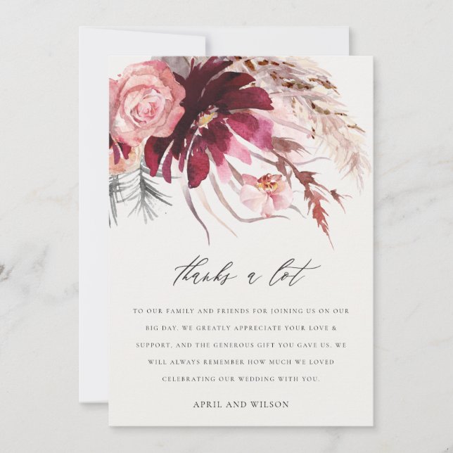 Carte De Remerciements Burgundy Blush Rose Floral Pampas Grass Mariage (Devant)