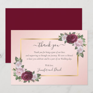 Carte De Remerciements Burgundy Blush Rose or Mariage Floral