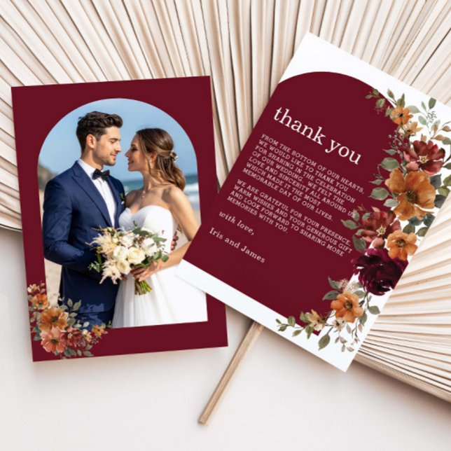 Carte De Remerciements Burgundy Burnt Orange Rust Floral Wedding Photo (Créateur téléchargé)
