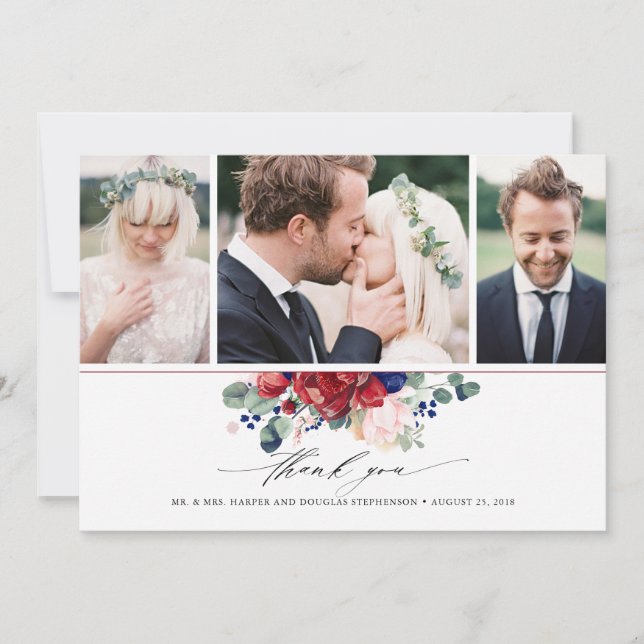 Carte De Remerciements Burgundy et Navy Blue Floral Mariage 3 Photos (Devant)