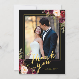 Carte De Remerciements Burgundy Floral Black Gold Script Mariage Photo