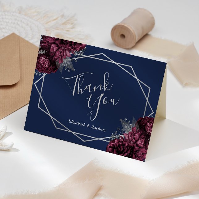 Carte De Remerciements Burgundy Floral Silver Navy bleu Mariage géométriq (Créateur téléchargé)