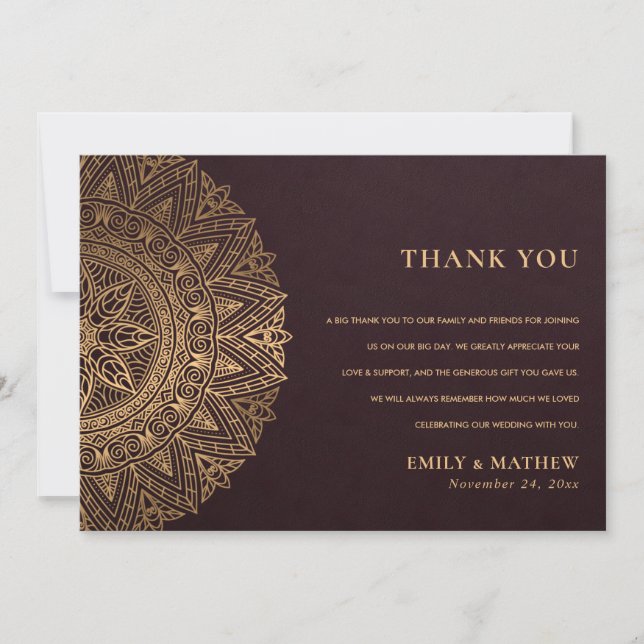 CARTE DE REMERCIEMENTS BURGUNDY GOLD CLASSIC ORNATE MANDALA MARIAGE (Devant)