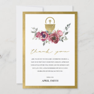 CARTE DE REMERCIEMENTS BURGUNDY GOLD FLORAL PREMIÈRE COMMUNION SAINTE