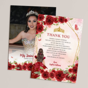 Carte De Remerciements Burgundy Gold Floral Princess Quinceañera Photo