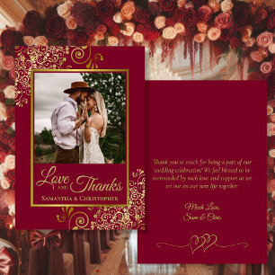 Carte De Remerciements Burgundy & Gold Love & Thanks Photo & Note Mariage