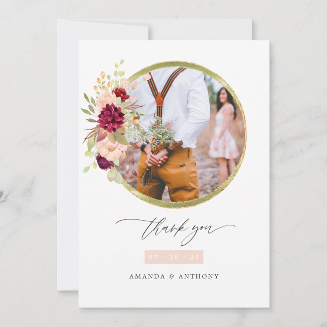 Carte De Remerciements Burgundy-Marsala et Blush Mariage Photo (Devant)