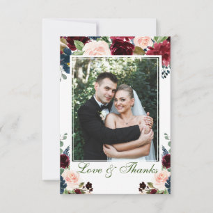 Carte De Remerciements Burgundy Navy Blue Blush Floral PHOTO Mariage