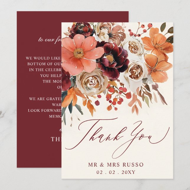 Carte De Remerciements Burgundy Orange Floral Fall Wedding  (Devant / Derrière)