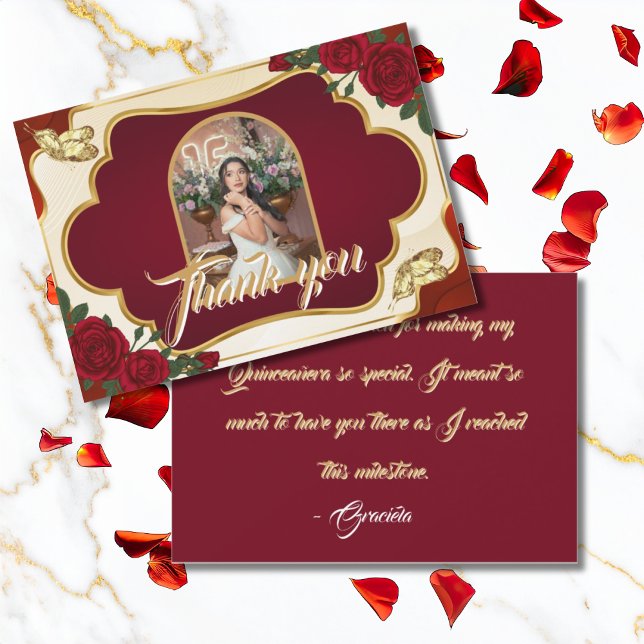 Carte De Remerciements Burgundy Red & Gold Rose Quinceañera Photo (Créateur téléchargé)