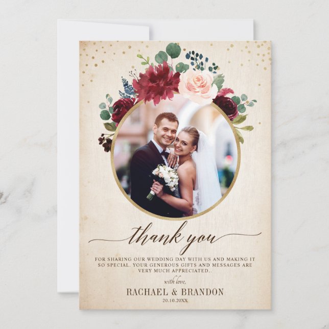 Carte De Remerciements Burgundy Red Navy Floral Boho photo Mariage (Devant)