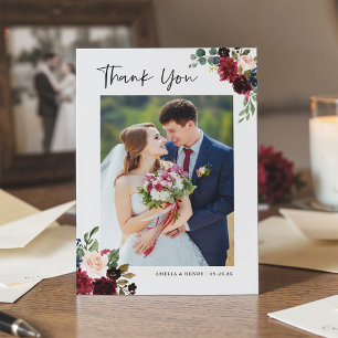 Carte De Remerciements Burgundy Rouge Blush Floral Moderne Mariage 2 Phot