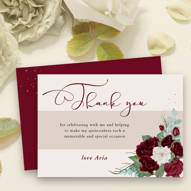 Carte De Remerciements Burgundy rouge et ivoire Roses Élégante calligraph (Elegant Thank You card with sweet calligraphy and burgundy red and ivory rose blooms)