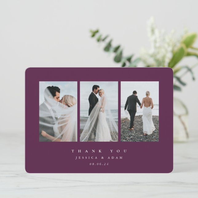 Carte De Remerciements Burgundy Ultra Minimal Triple Photo Mariage plat (Debout devant)