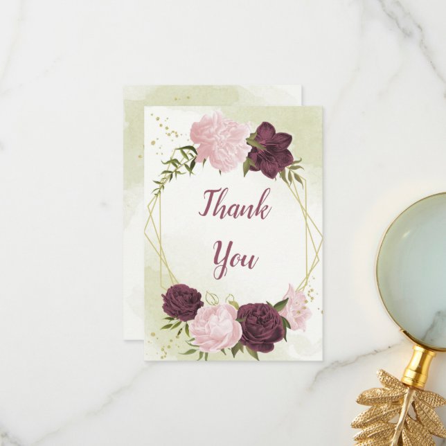 Carte De Remerciements cabernet rose fleurs vert feuille mariage (Devant/Arrière en situation)