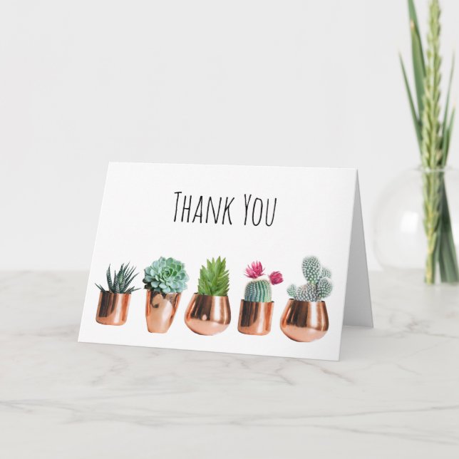 Carte De Remerciements Cactus et succulents dans des pots d'or Roses (Devant)