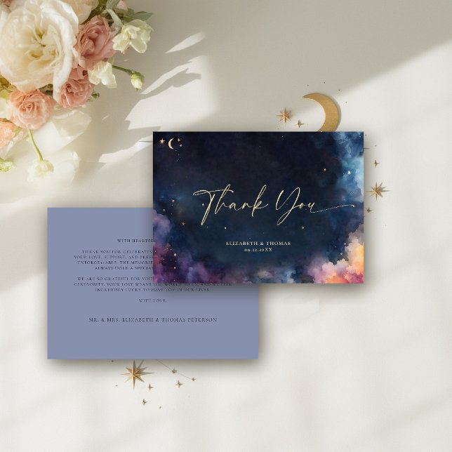 Carte De Remerciements Cadeau céleste Midnight Blue Stars Galaxie cosmiqu (celestial thank you card watercolor starry night sky galaxy universe navy blue gold)